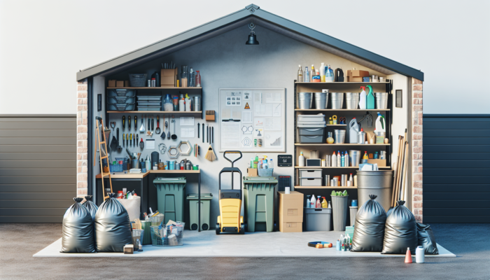 A modern garage with neatly arranged house clearance tools including trash bags, bins, a dolly, and cleaning supplies.