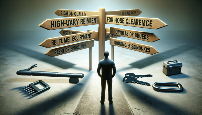 A person at a crossroads choosing between renting high-quality tools or buying for a one-time house clearance.