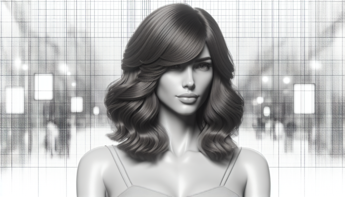 Woman with heart-shaped face, long side-swept bangs, layered lob with soft curls, enhancing elegance and confidence.