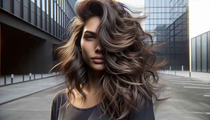 Woman with choppy, cascading layers styled tousled, enhancing volume and movement, harmonizing with face shape.