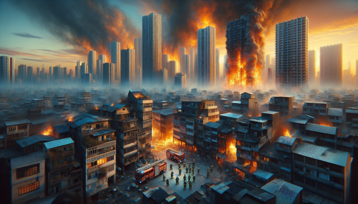 Dense urban skyline with high-rises on fire, showing rapid spread and firefighting challenges.