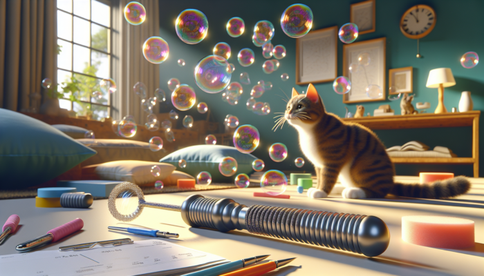A cat playfully swatting at bubbles created by a durable catnip bubble wand in a sunlit room.