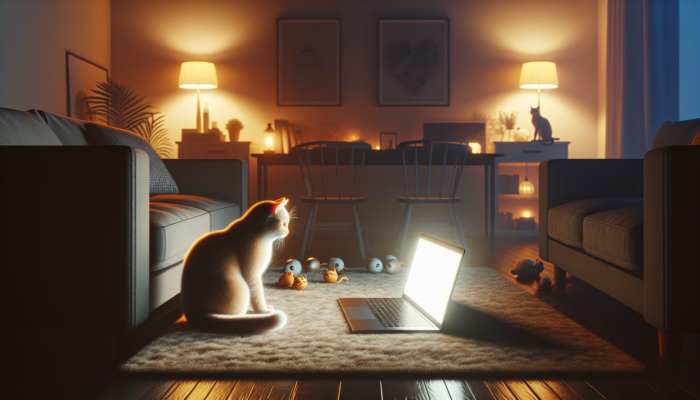 A cat watching engaging videos on a laptop in a cozy living room filled with toys.
