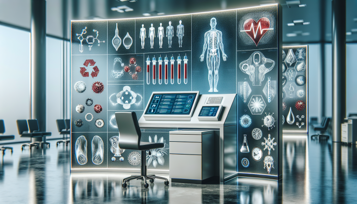 Personalized health check station with touchscreen displaying various blood test options in a modern clinic.