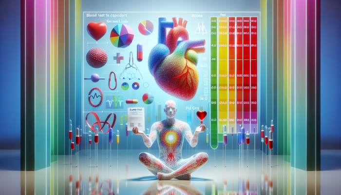 Person empowered by knowledge, holding blood test report, surrounded by health symbols in a modern medical setting.