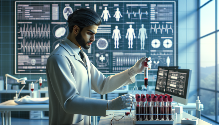 A phlebotomist collecting a blood sample in a sterile lab in Bath, with health reports in background.