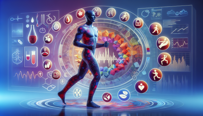 A health dashboard showing biomarkers, with a person adjusting lifestyle icons based on data, representing preventative care.