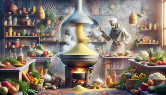 A vibrant Tunisian kitchen with a steaming couscoussier, colorful spices, and a cook mixing couscous.
