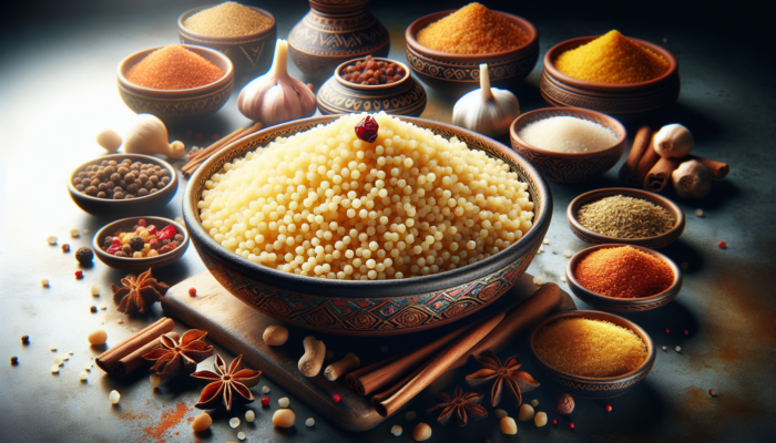 Close-up of fluffy Tunisian couscous grains glistening with broth, with North African spices and herbs.