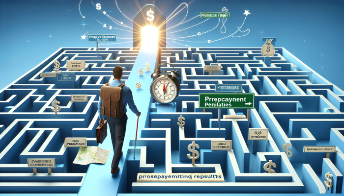 Prepayment Penalties and Their Impact on Consolidation Loans | DCL A person navigating a maze labeled 'Prepayment Penalties' to 'Favorable Financial Outcomes' with tools.