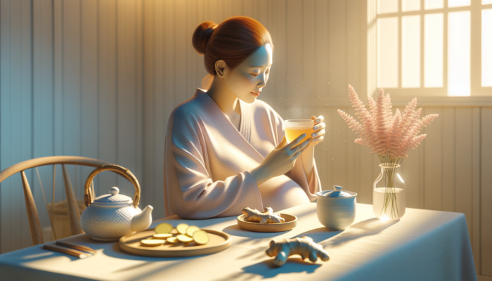 Herbs for Pregnant Women: Pregnant woman enjoying ginger tea with slices on the table, serene morning light, pastel colors, symbolizing nausea relief.