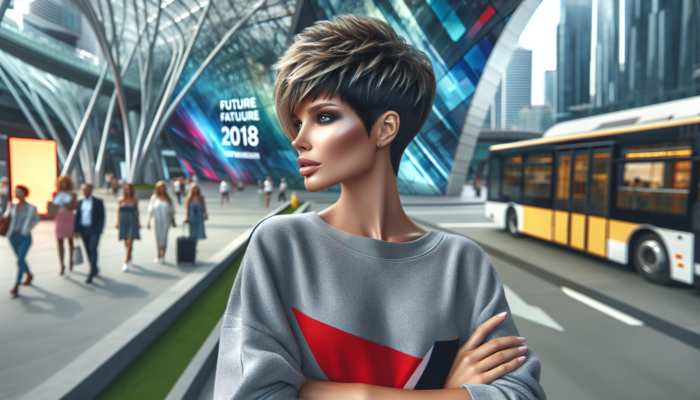 A woman with a modern pixie cut and asymmetrical fringe in an urban setting, showcasing 2023 trends.