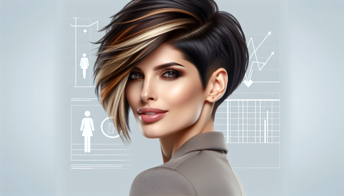 Woman with asymmetrical short haircut, two-tone highlights, sleek and tousled, exuding confidence.