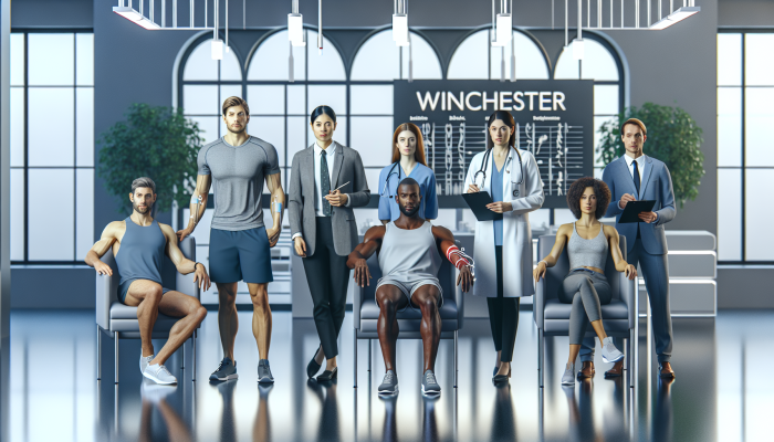 A diverse group receiving personalized blood tests in a modern Winchester clinic, tailored to their health profiles and lifestyles.