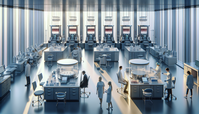 A modern medical lab in Winchester with diverse people undergoing private blood tests for early health issue detection.