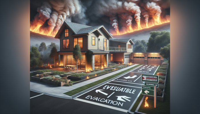 A home with cleared space, fire-resistant materials, and marked evacuation route under smoky sky with distant wildfires.