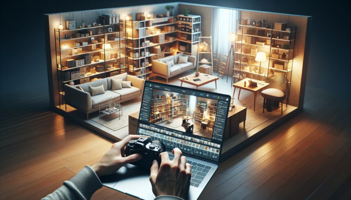 Person photographing home interior, uploading images to cloud storage inventory on laptop.