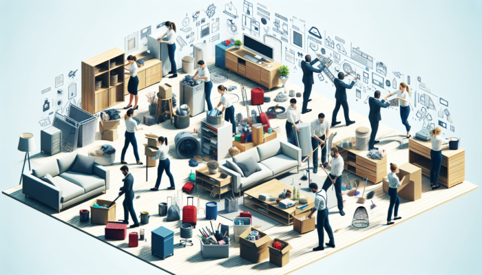 A professional team clearing a cluttered house, organizing items in a bright room.