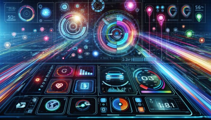 A futuristic digital dashboard showing tools and resources for checking vehicle mileage limits online with vibrant graphs.