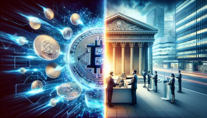 A digital wallet versus a traditional bank setting, illustrating cryptocurrency's speed and control advantages.