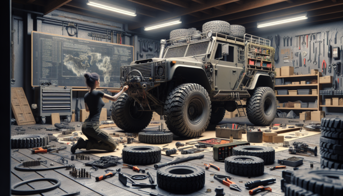A rugged prepper vehicle in a well-equipped garage being meticulously maintained by a skilled mechanic, surrounded by tools and spare parts.