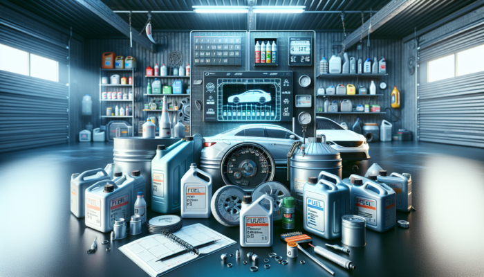 A garage setup with labeled fuel containers, stabilizer, rotation chart, and a vehicle's fuel efficiency gauge in a shaded area.