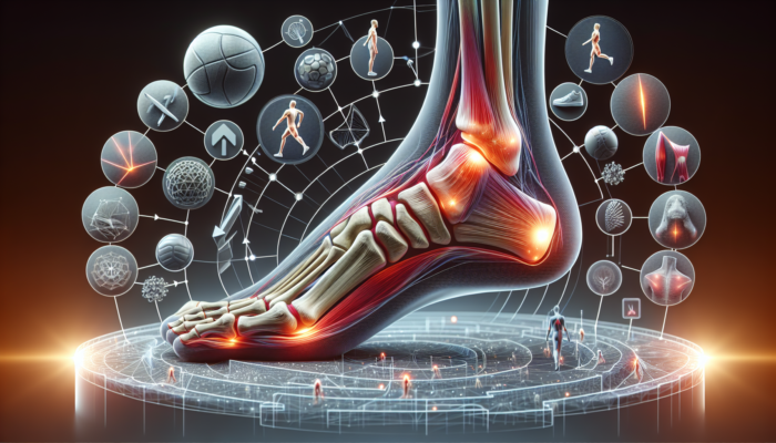 Anatomical illustration of foot with inflamed plantar fascia, highlighting heel and arch, surrounded by related risk factors.