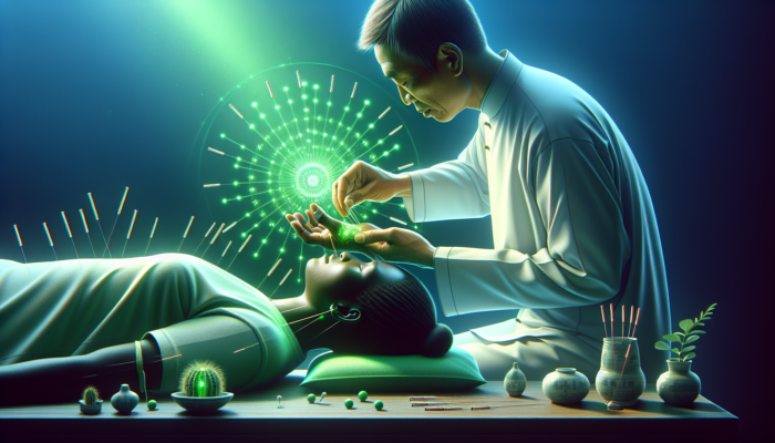 Acupuncture session targeting P6 and St36 for heartburn relief, highlighted by green light.