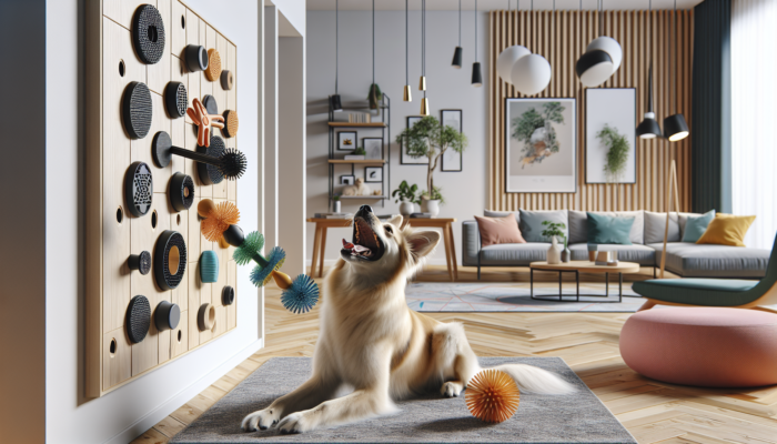 Dog joyfully interacting with durable Potaroma wall-mounted chew toy in a stylish living room.
