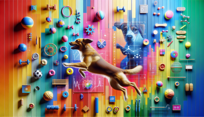 A dog leaping and stretching to reach a Potaroma wall-mounted chew toy, enhancing fitness and playfulness.