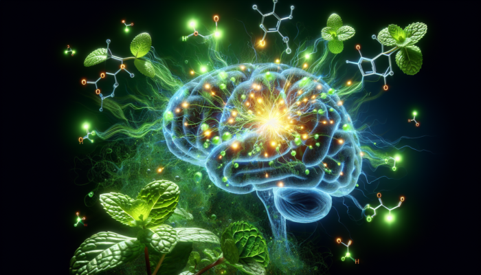 A brain illuminated by green peppermint leaves, with serotonin and dopamine molecules, symbolizing cognitive enhancement.