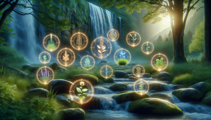 A serene garden with ten labeled herbs for stress relief, each glowing softly, with a peaceful waterfall.