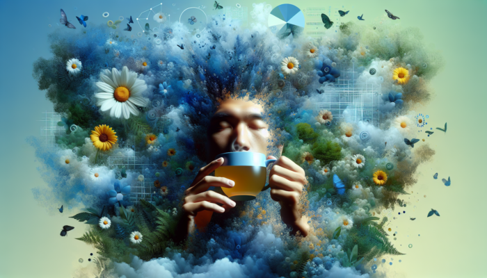A person sipping chamomile tea, surrounded by calming blue and green hues, symbolizing tranquility and relief from stress and insomnia.