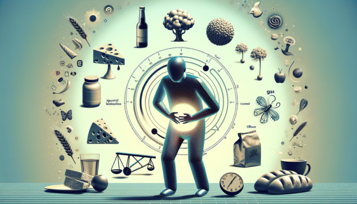 Person clutching abdomen, surrounded by symbols of IBS symptoms and triggers.