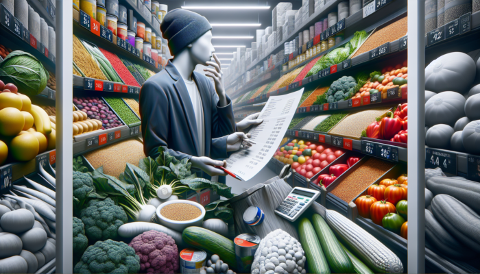 Individual in a supermarket comparing prices of vegetables and grains, focused on budget shopping.
