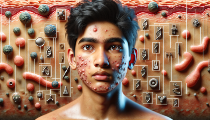 A teenager with acne, surrounded by hormonal and genetic symbols, with a backdrop of clogged pores and oil.
