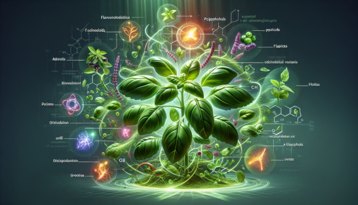 Basil Boosts Immunity: A vibrant basil plant with lush green leaves surrounded by glowing antioxidants combating oxidative stress.