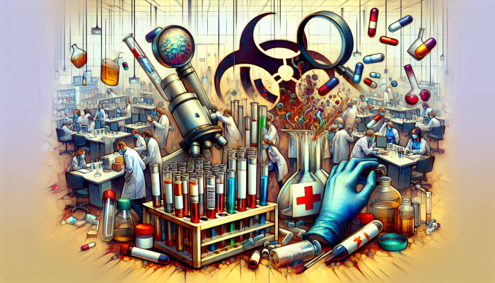 A chaotic lab scene with mislabeled samples, contaminated tubes, and rushed technicians, leading to misdiagnosis.