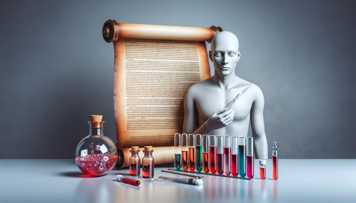 A legal document with medical vials and test tubes, a concerned patient reading in the background.