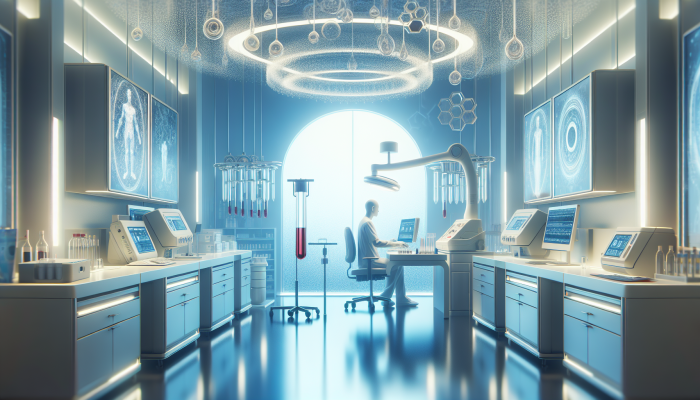 A technician conducting a private blood test in a serene medical lab, symbolizing preventative care.