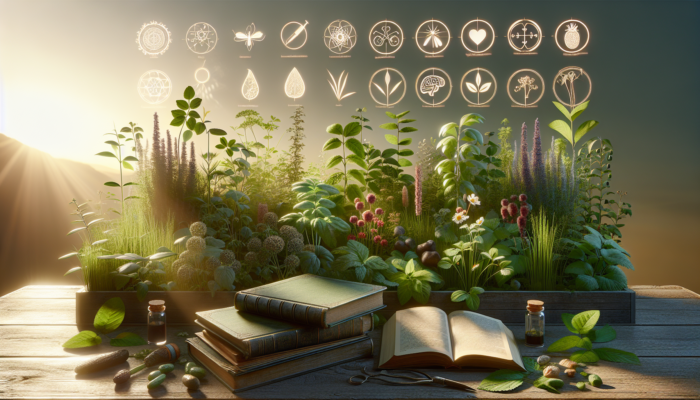 A serene garden with labeled medicinal herbs, ancient and modern books on herbal medicine, under sunlight.