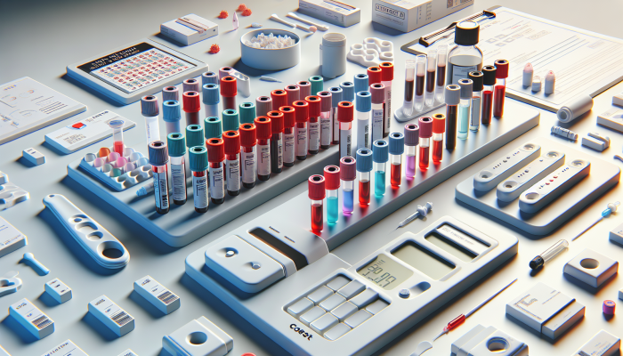 Vials of blood, finger prick devices, and rapid test kits on a lab table, representing various HIV tests.