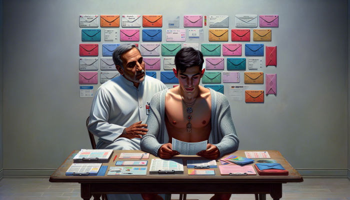 A person reviewing HIV test results at a desk, with informational pamphlets and a supportive healthcare provider nearby.