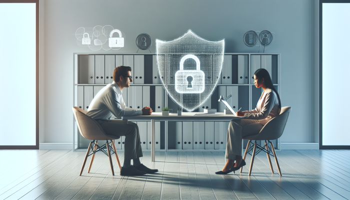 Person discussing confidentiality with healthcare provider in secure office, surrounded by privacy symbols.