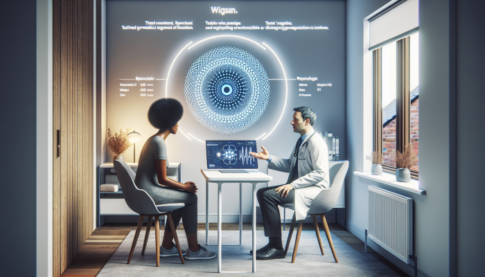 A specialist discussing detailed test results with a patient in a modern consultation room in Wigan.