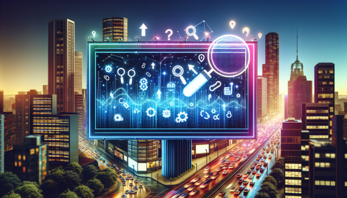 A vibrant digital billboard in a cityscape showing "Boost Your Visibility" with glowing Google Business keywords and SEO graphs.