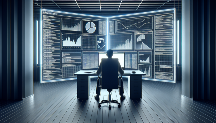 A marketer analyzing Google Ads Keyword Planner data on a large screen in a modern office.