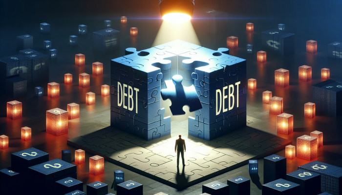 Combining Debt Settlement with Consolidation: Essential Guide | DCL A person unlocking a giant puzzle box labeled "Debt Consolidation," with smaller boxes merging into one under a spotlight.