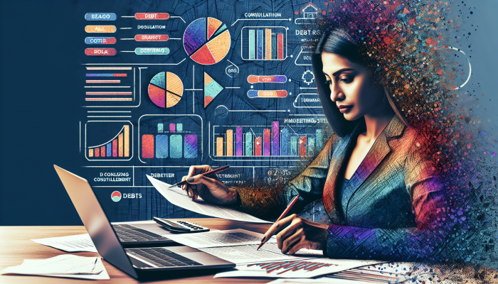 Combining Debt Settlement with Consolidation: Essential Guide | DCL Person at desk strategizing debt consolidation and settlement with financial documents, calculator, laptop, and charts.