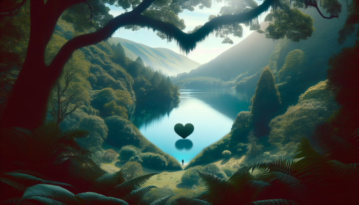 A serene heart-shaped lake with lush greenery, symbolizing low BNP levels and reassurance, with a shadowy figure hinting at potential heart failure symptoms.